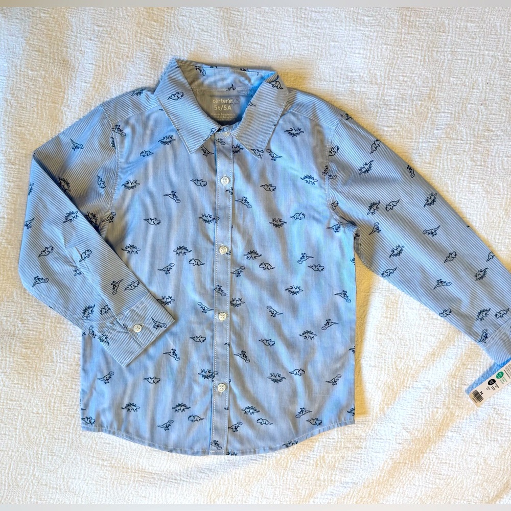 NWT 5T Carter’s mini-pinstripe dinosaur print button-down shirt
